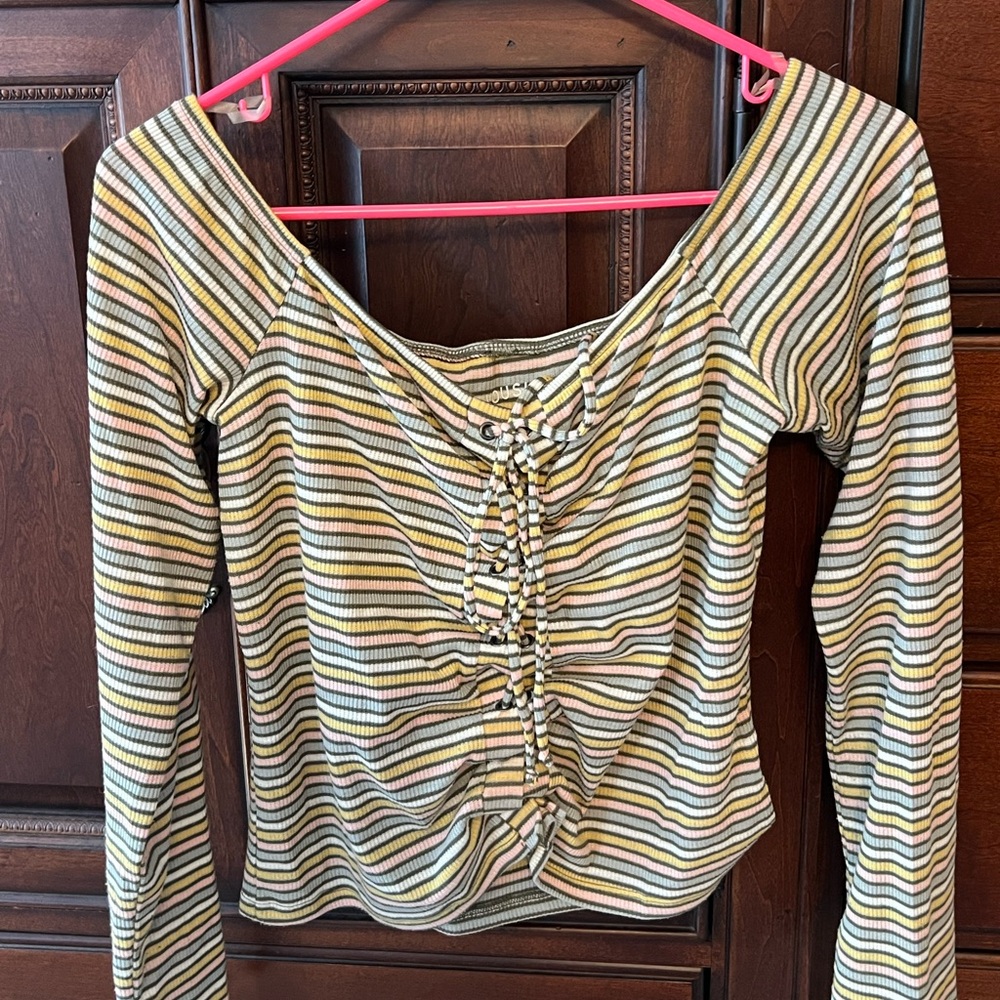 Laced-up fitted long sleeve striped top